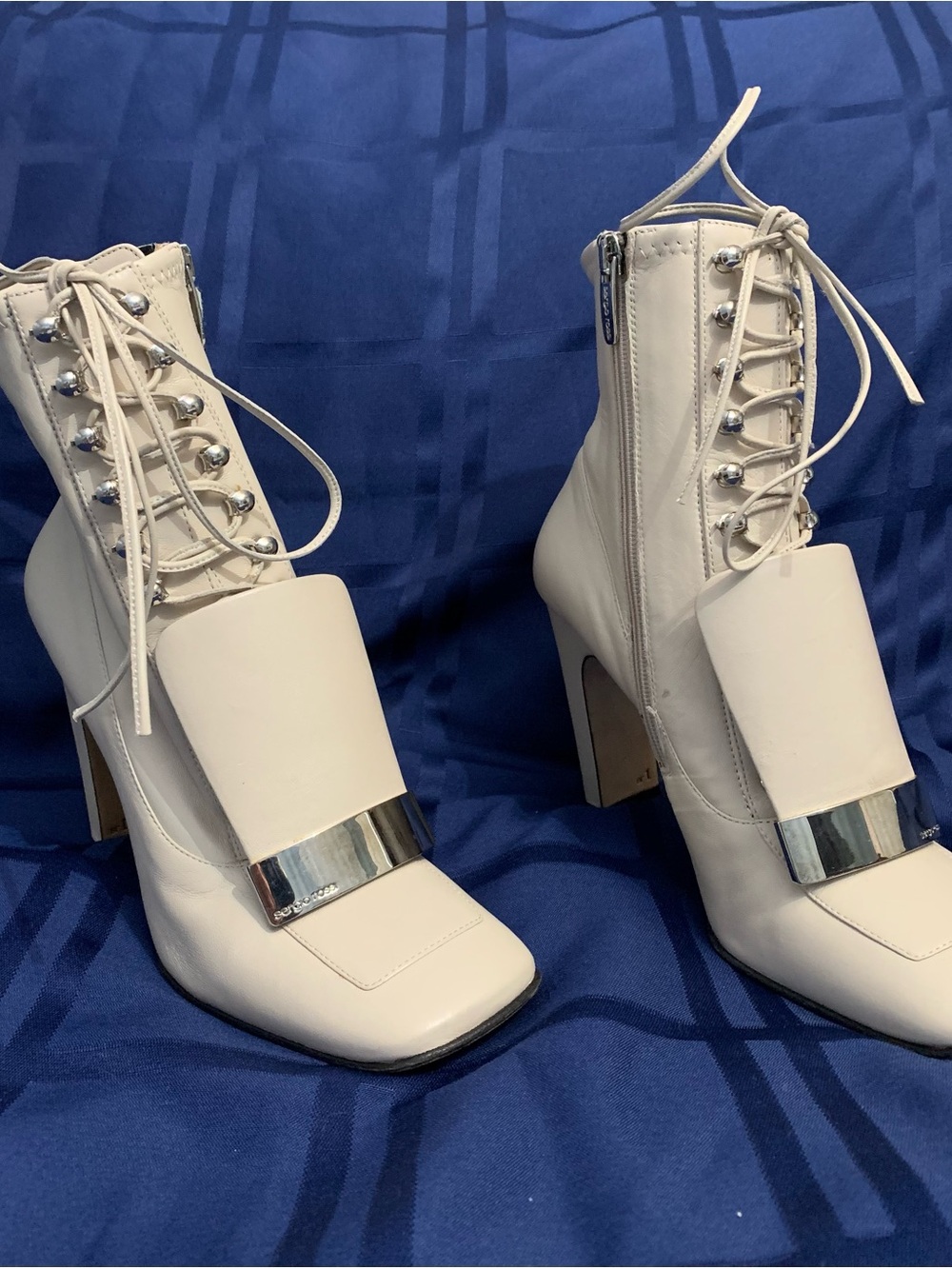 Sergio Rossi Cream Lace-Up Block Heel Boots with Silver Bar